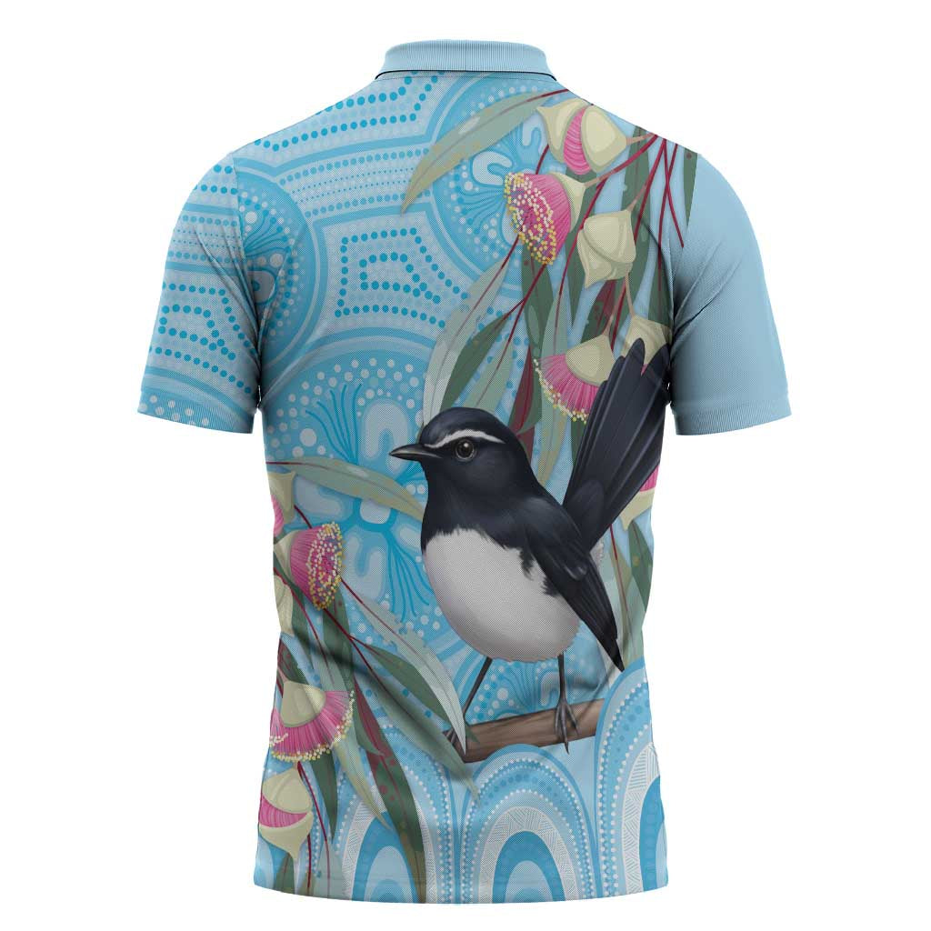 Willie wagtail Australia Zipper Polo Shirt Eucalyptus Blossoms Aboriginal Art - Aussie Hoodie