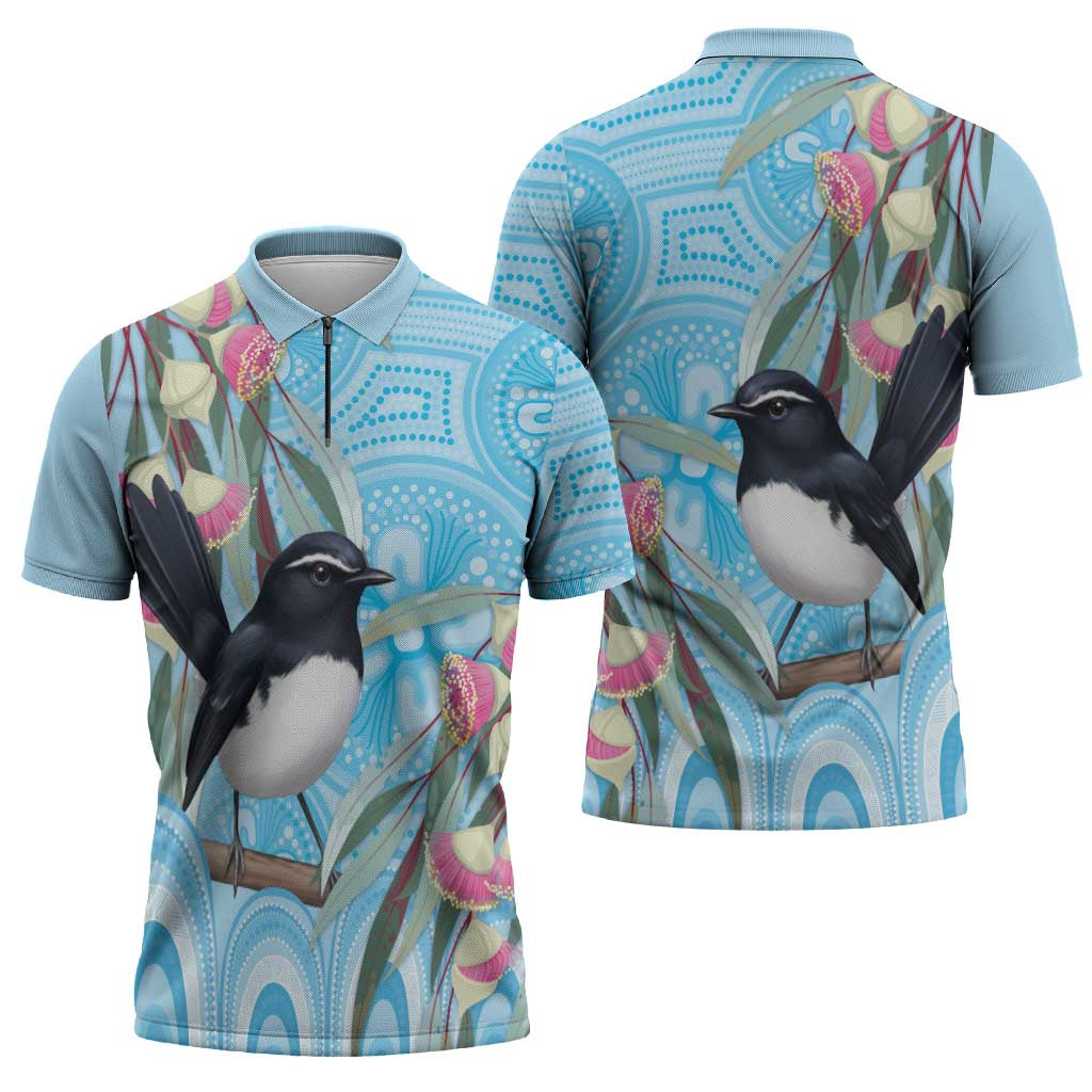 Willie wagtail Australia Zipper Polo Shirt Eucalyptus Blossoms Aboriginal Art - Aussie Hoodie