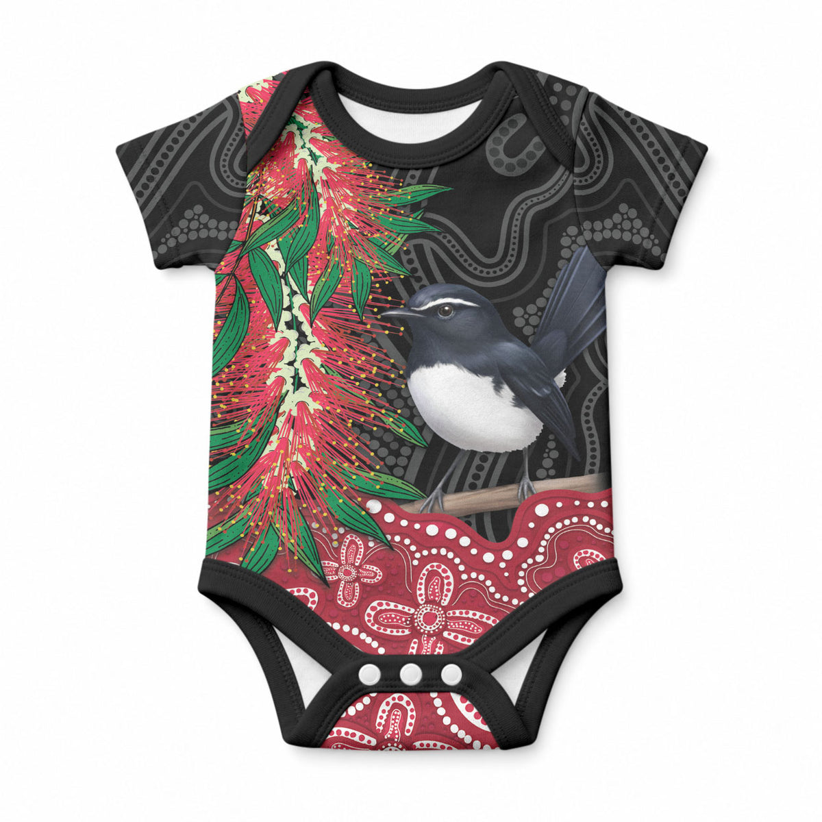 Willie wagtail Australia Baby Onesie Aussie Bottlebrushes Aboriginal Art