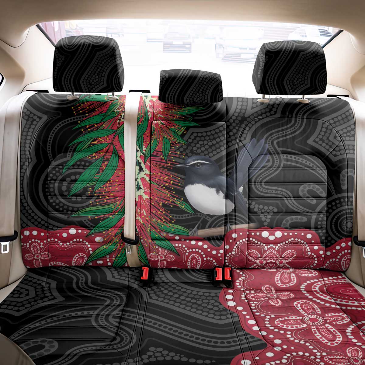 Willie wagtail Australia Back Car Seat Cover Aussie Bottlebrushes Aboriginal Art - Aussie Hoodie