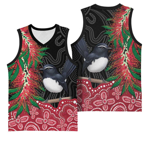 Willie wagtail Australia Basketball Jersey Aussie Bottlebrushes Aboriginal Art - Aussie Hoodie