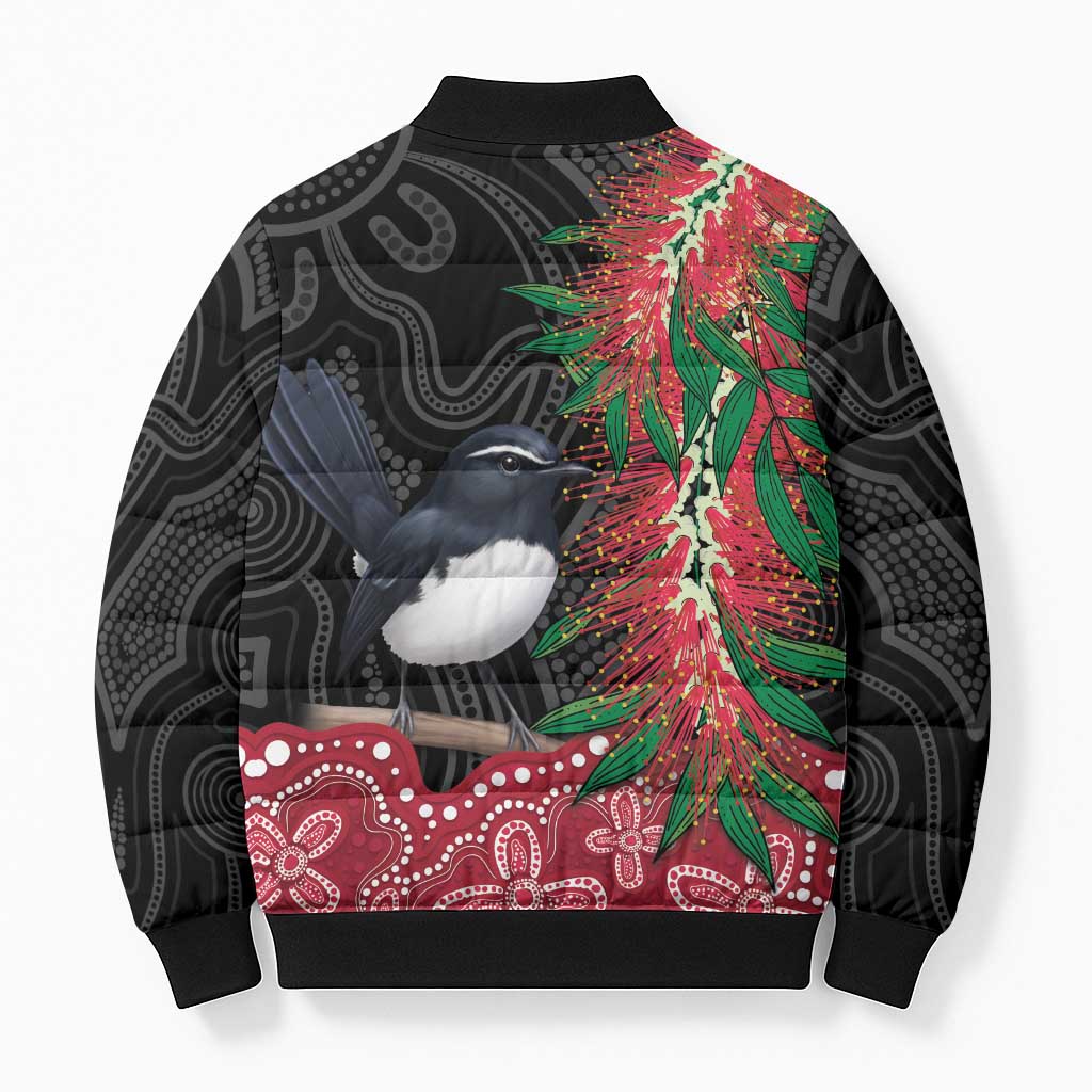 Willie wagtail Australia Bomber Puffer Jacket Aussie Bottlebrushes Aboriginal Art - Aussie Hoodie