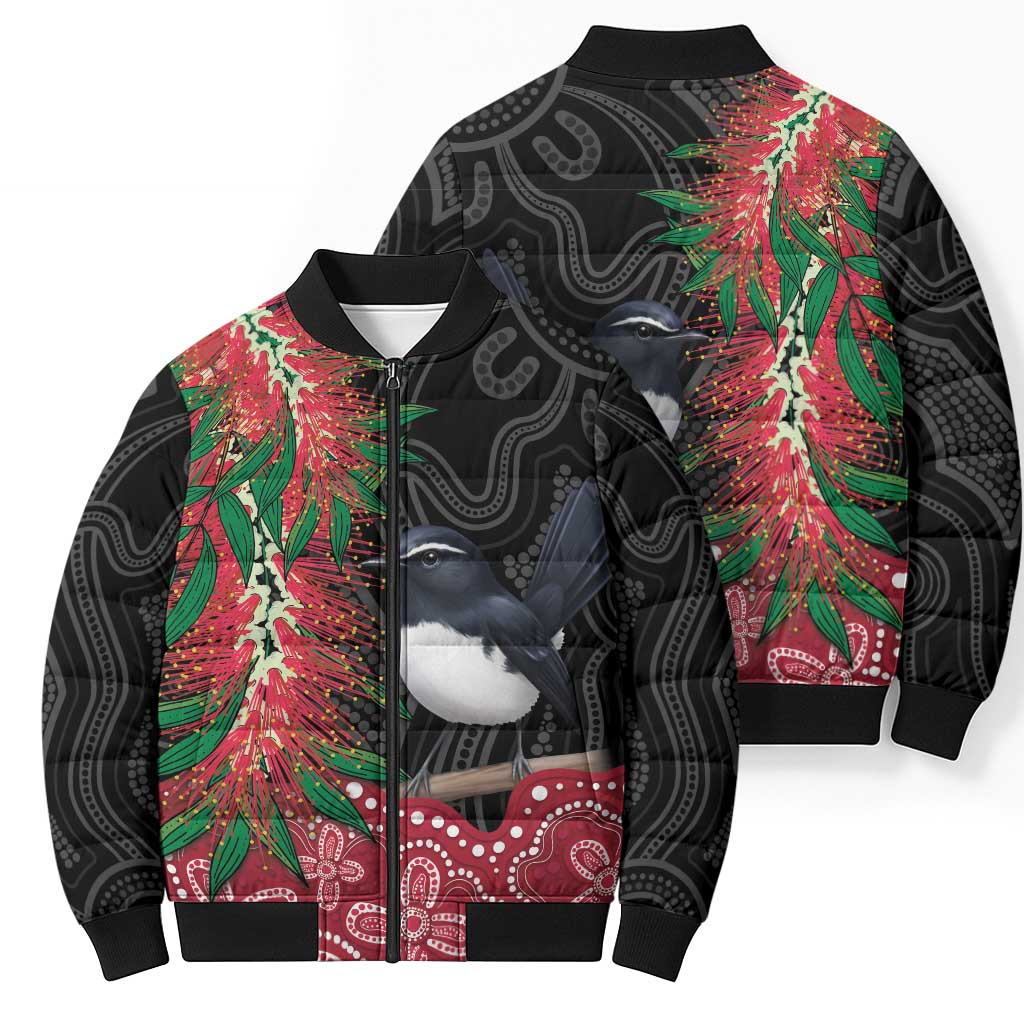Willie wagtail Australia Bomber Puffer Jacket Aussie Bottlebrushes Aboriginal Art - Aussie Hoodie