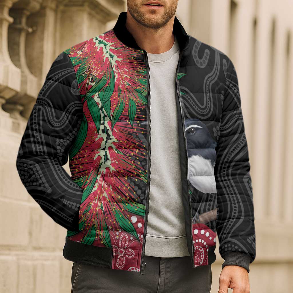 Willie wagtail Australia Bomber Puffer Jacket Aussie Bottlebrushes Aboriginal Art - Aussie Hoodie