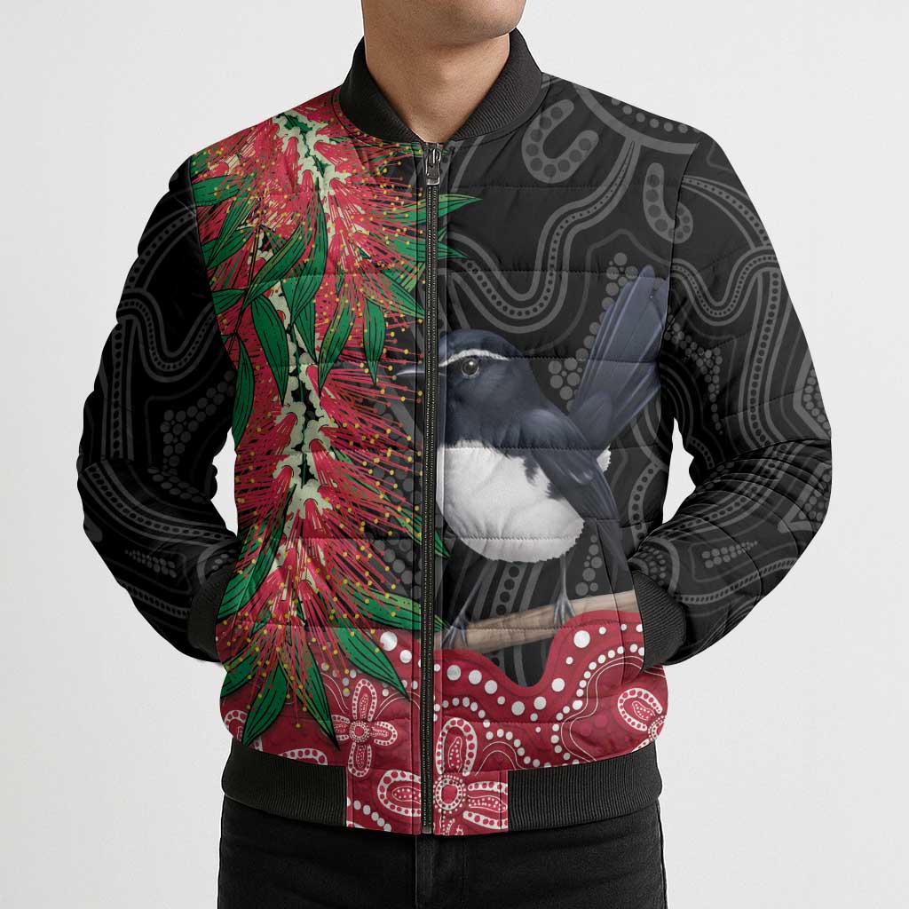 Willie wagtail Australia Bomber Puffer Jacket Aussie Bottlebrushes Aboriginal Art - Aussie Hoodie