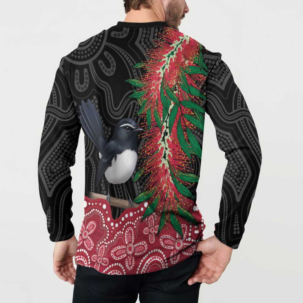 Willie wagtail Australia Button Sweatshirt Aussie Bottlebrushes Aboriginal Art - Aussie Hoodie