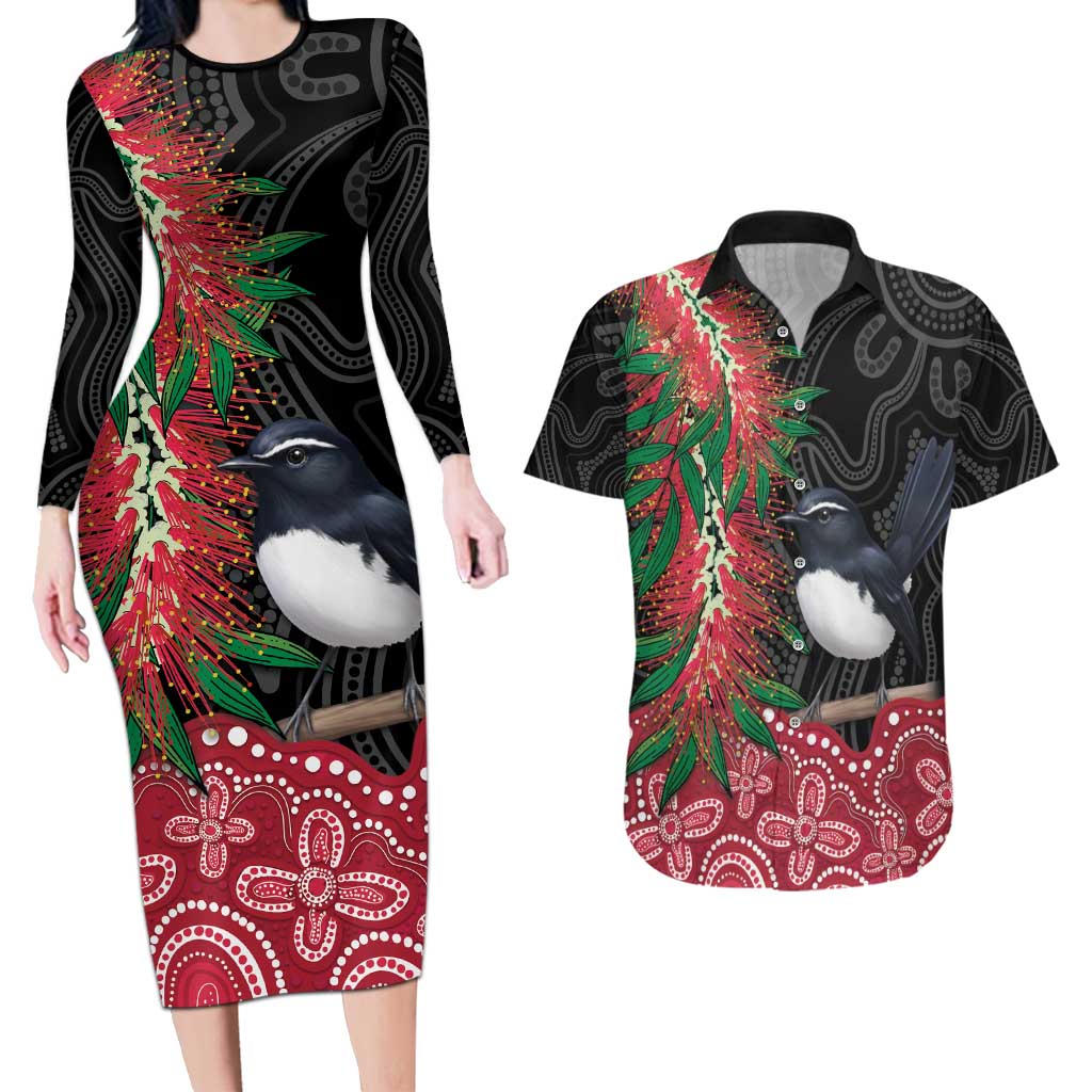 Willie wagtail Australia Couples Matching Long Sleeve Bodycon Dress and Hawaiian Shirt Aussie Bottlebrushes Aboriginal Art - Aussie Hoodie
