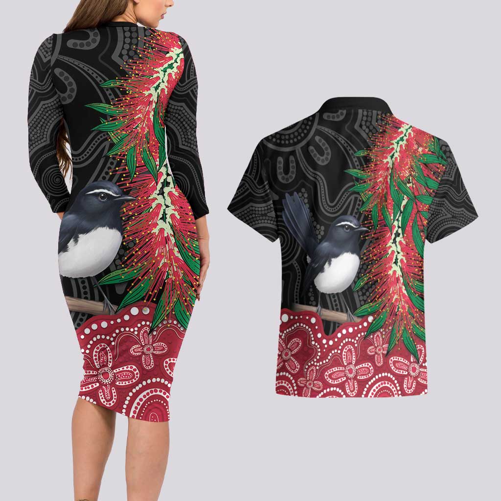 Willie wagtail Australia Couples Matching Long Sleeve Bodycon Dress and Hawaiian Shirt Aussie Bottlebrushes Aboriginal Art - Aussie Hoodie