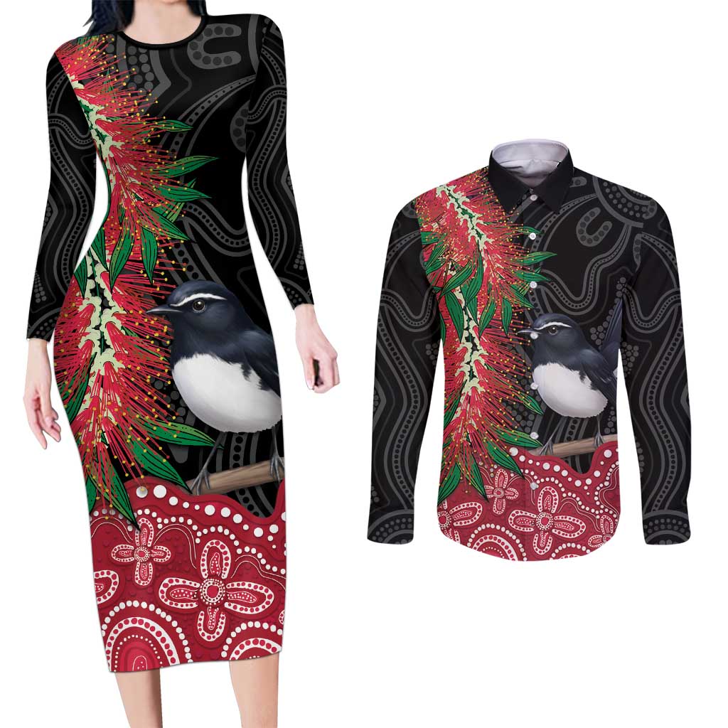 Willie wagtail Australia Couples Matching Long Sleeve Bodycon Dress and Long Sleeve Button Shirt Aussie Bottlebrushes Aboriginal Art - Aussie Hoodie