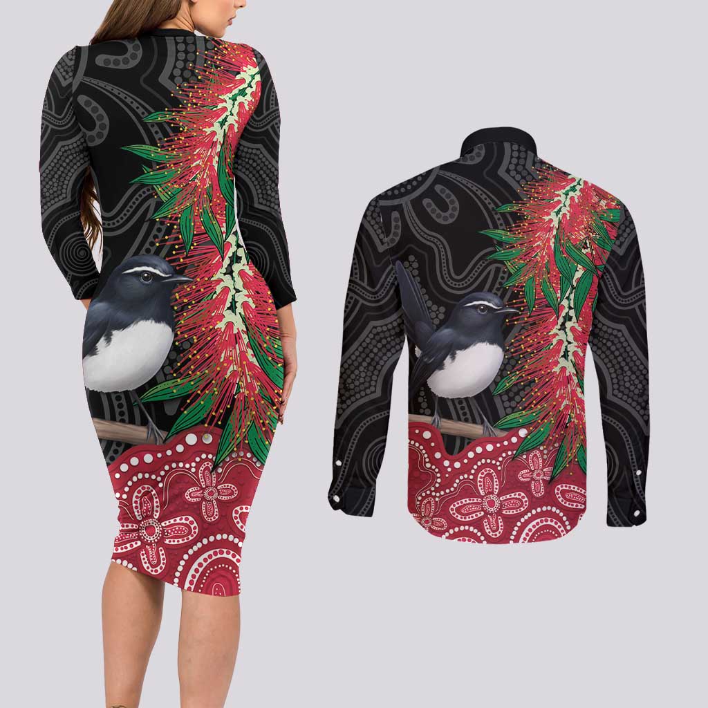 Willie wagtail Australia Couples Matching Long Sleeve Bodycon Dress and Long Sleeve Button Shirt Aussie Bottlebrushes Aboriginal Art - Aussie Hoodie