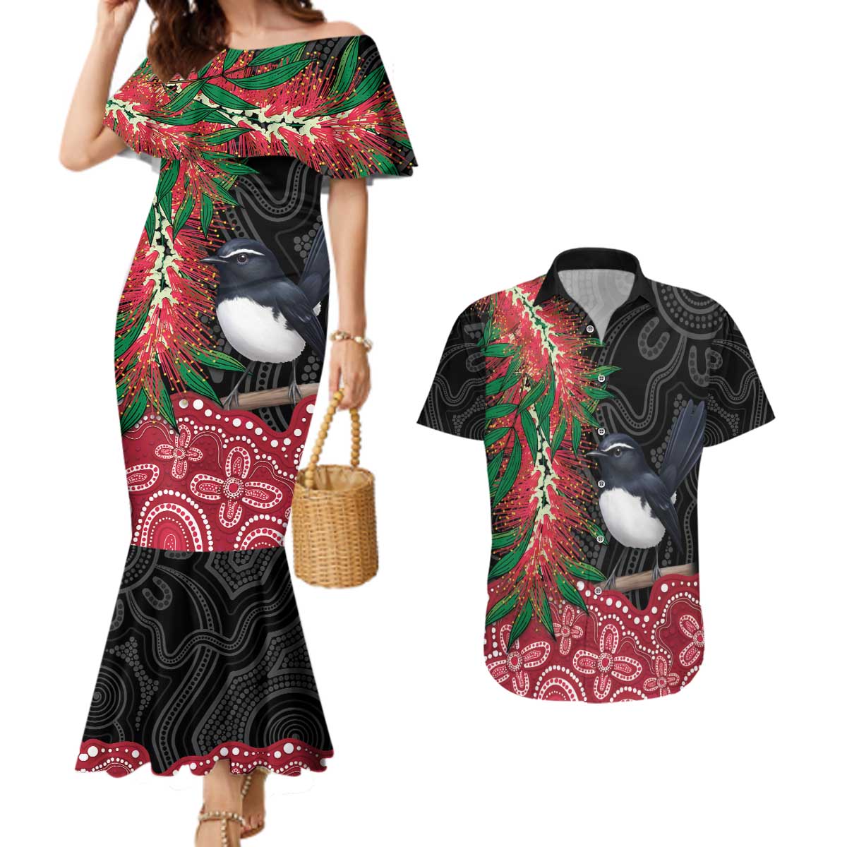 Willie wagtail Australia Couples Matching Mermaid Dress and Hawaiian Shirt Aussie Bottlebrushes Aboriginal Art - Aussie Hoodie