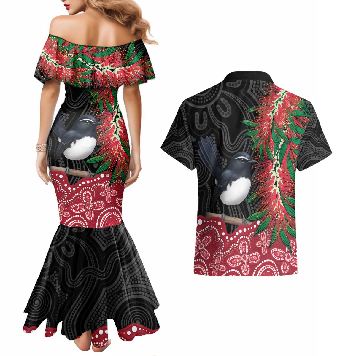 Willie wagtail Australia Couples Matching Mermaid Dress and Hawaiian Shirt Aussie Bottlebrushes Aboriginal Art - Aussie Hoodie