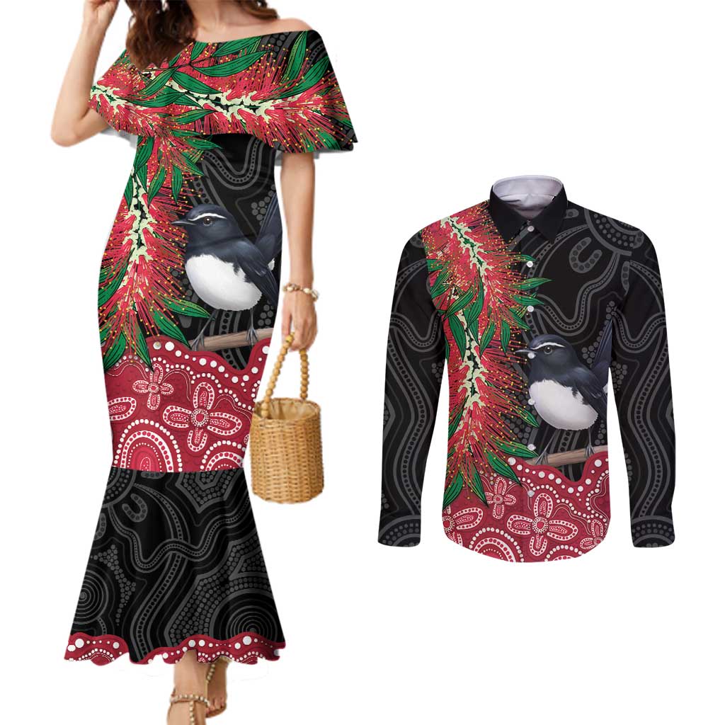 Willie wagtail Australia Couples Matching Mermaid Dress and Long Sleeve Button Shirt Aussie Bottlebrushes Aboriginal Art - Aussie Hoodie