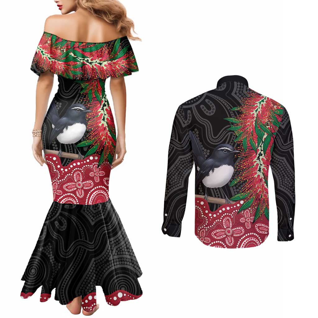 Willie wagtail Australia Couples Matching Mermaid Dress and Long Sleeve Button Shirt Aussie Bottlebrushes Aboriginal Art - Aussie Hoodie