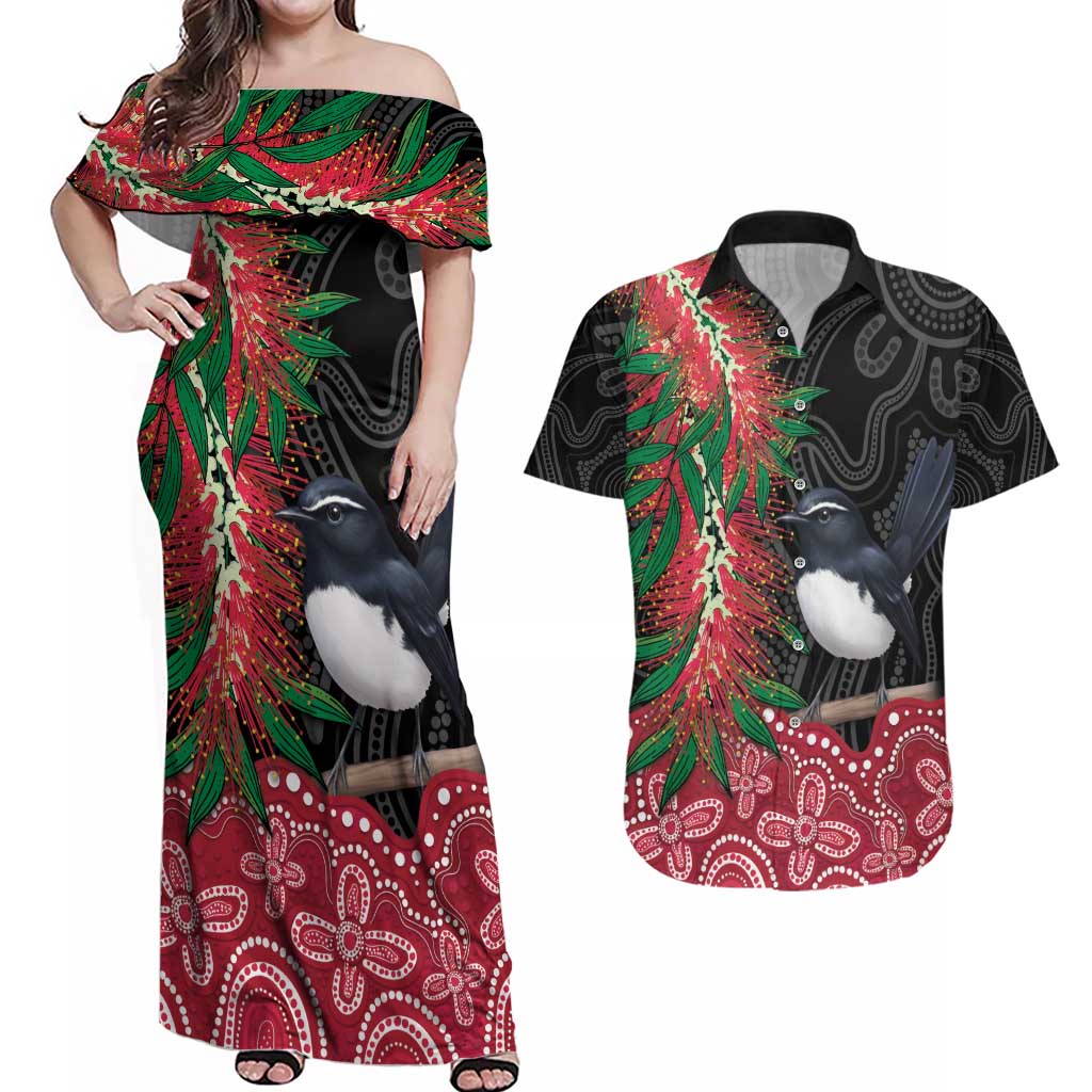 Willie wagtail Australia Couples Matching Off Shoulder Maxi Dress and Hawaiian Shirt Aussie Bottlebrushes Aboriginal Art - Aussie Hoodie