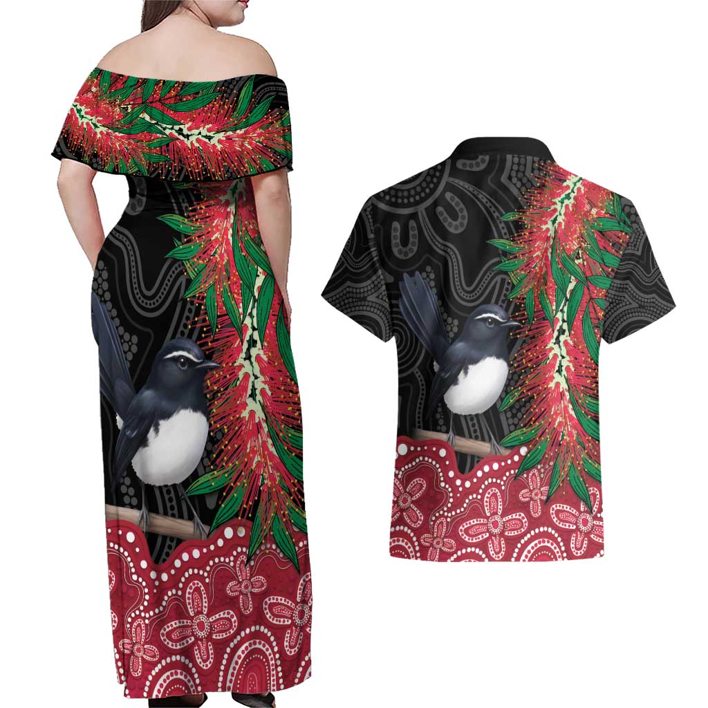 Willie wagtail Australia Couples Matching Off Shoulder Maxi Dress and Hawaiian Shirt Aussie Bottlebrushes Aboriginal Art - Aussie Hoodie