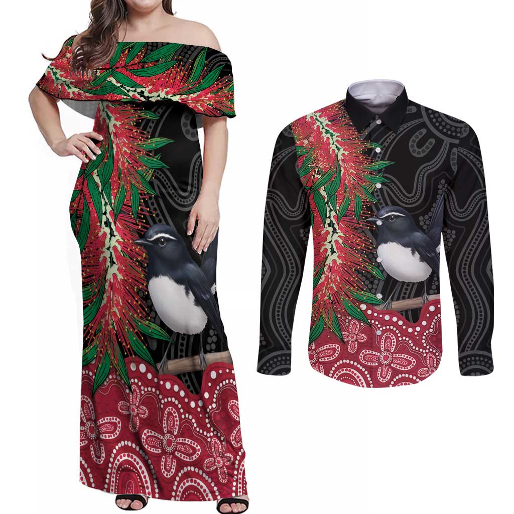 Willie wagtail Australia Couples Matching Off Shoulder Maxi Dress and Long Sleeve Button Shirt Aussie Bottlebrushes Aboriginal Art - Aussie Hoodie