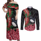 Willie wagtail Australia Couples Matching Off Shoulder Maxi Dress and Long Sleeve Button Shirt Aussie Bottlebrushes Aboriginal Art - Aussie Hoodie