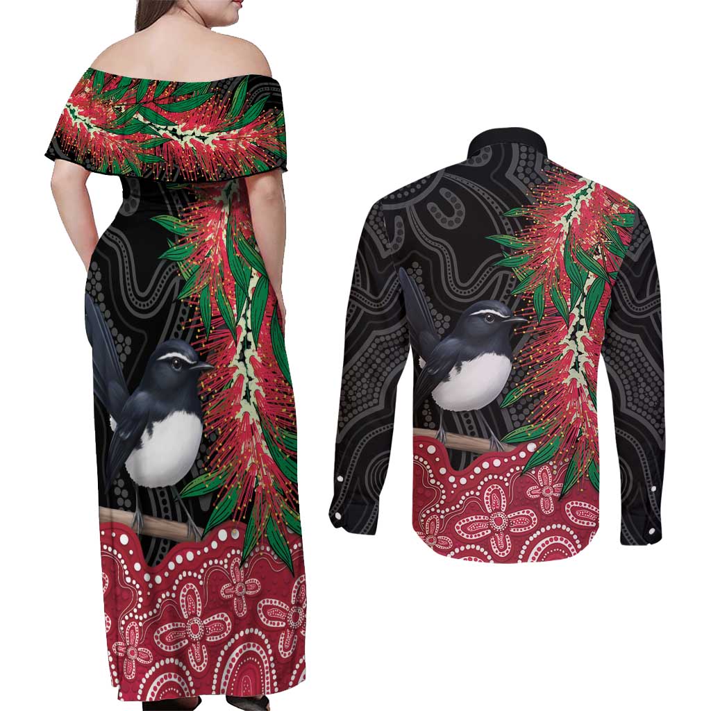 Willie wagtail Australia Couples Matching Off Shoulder Maxi Dress and Long Sleeve Button Shirt Aussie Bottlebrushes Aboriginal Art - Aussie Hoodie