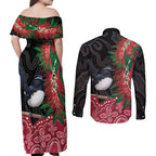 Willie wagtail Australia Couples Matching Off Shoulder Maxi Dress and Long Sleeve Button Shirt Aussie Bottlebrushes Aboriginal Art - Aussie Hoodie