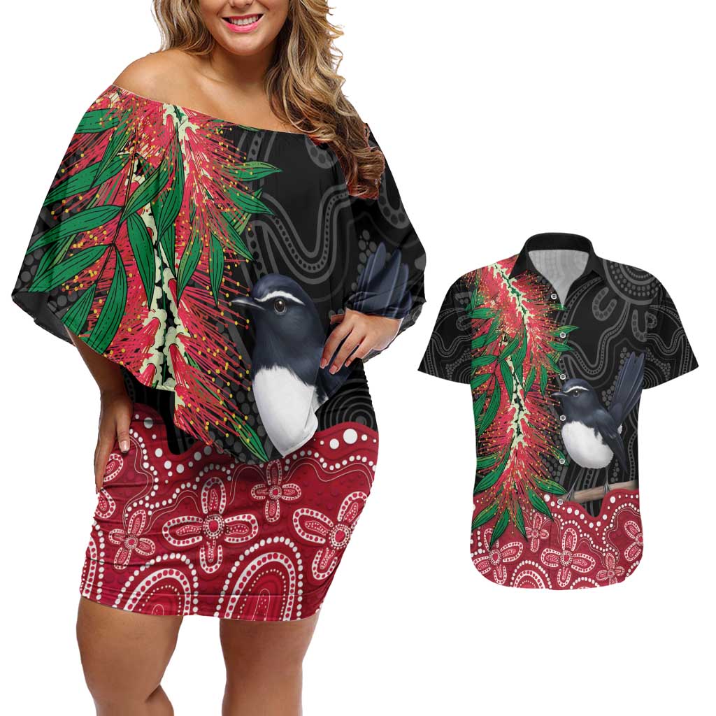Willie wagtail Australia Couples Matching Off Shoulder Short Dress and Hawaiian Shirt Aussie Bottlebrushes Aboriginal Art - Aussie Hoodie