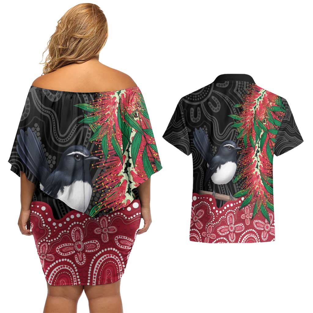Willie wagtail Australia Couples Matching Off Shoulder Short Dress and Hawaiian Shirt Aussie Bottlebrushes Aboriginal Art - Aussie Hoodie