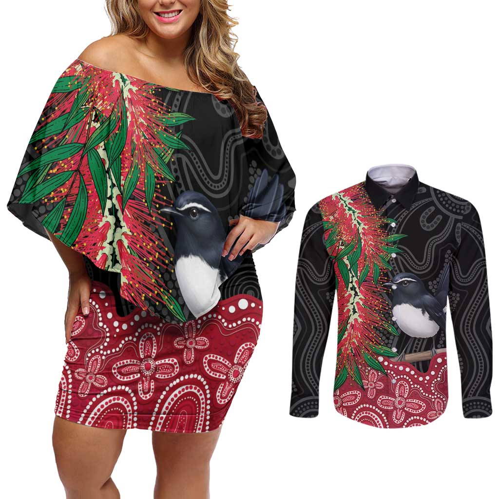 Willie wagtail Australia Couples Matching Off Shoulder Short Dress and Long Sleeve Button Shirt Aussie Bottlebrushes Aboriginal Art - Aussie Hoodie