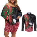 Willie wagtail Australia Couples Matching Off Shoulder Short Dress and Long Sleeve Button Shirt Aussie Bottlebrushes Aboriginal Art - Aussie Hoodie