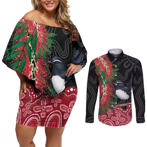 Willie wagtail Australia Couples Matching Off Shoulder Short Dress and Long Sleeve Button Shirt Aussie Bottlebrushes Aboriginal Art - Aussie Hoodie