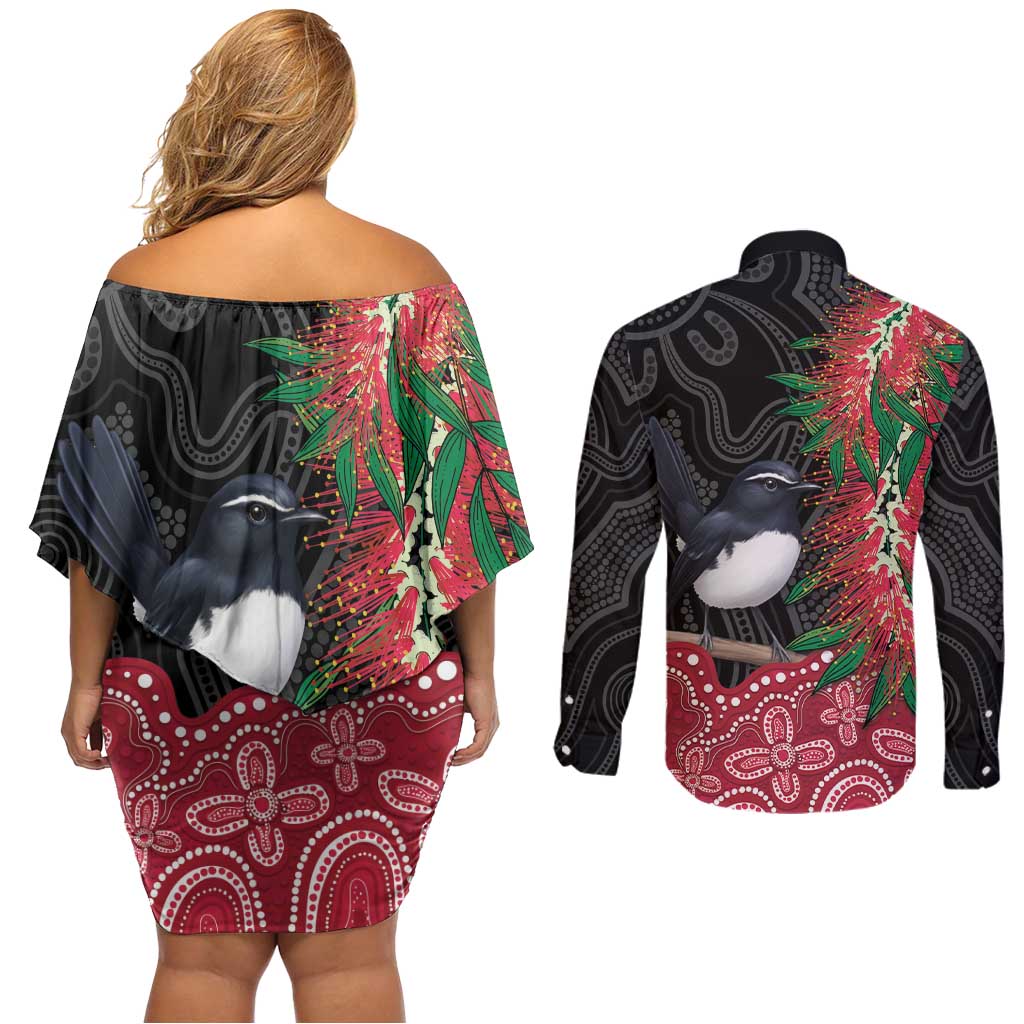 Willie wagtail Australia Couples Matching Off Shoulder Short Dress and Long Sleeve Button Shirt Aussie Bottlebrushes Aboriginal Art - Aussie Hoodie
