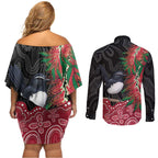 Willie wagtail Australia Couples Matching Off Shoulder Short Dress and Long Sleeve Button Shirt Aussie Bottlebrushes Aboriginal Art - Aussie Hoodie