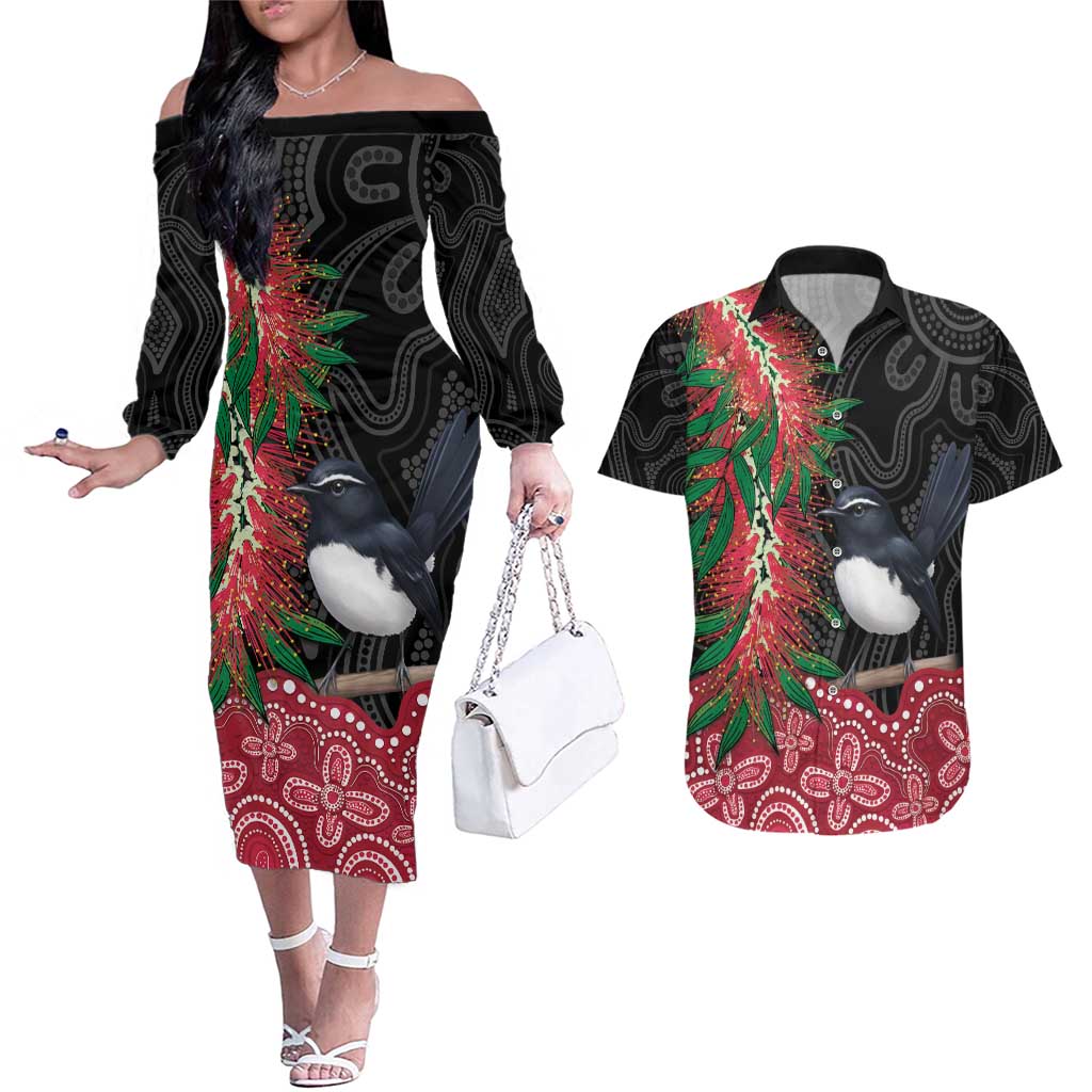 Willie wagtail Australia Couples Matching Off The Shoulder Long Sleeve Dress and Hawaiian Shirt Aussie Bottlebrushes Aboriginal Art - Aussie Hoodie