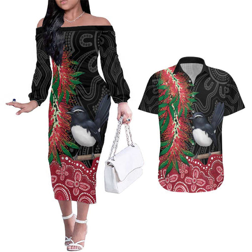 Willie wagtail Australia Couples Matching Off The Shoulder Long Sleeve Dress and Hawaiian Shirt Aussie Bottlebrushes Aboriginal Art - Aussie Hoodie