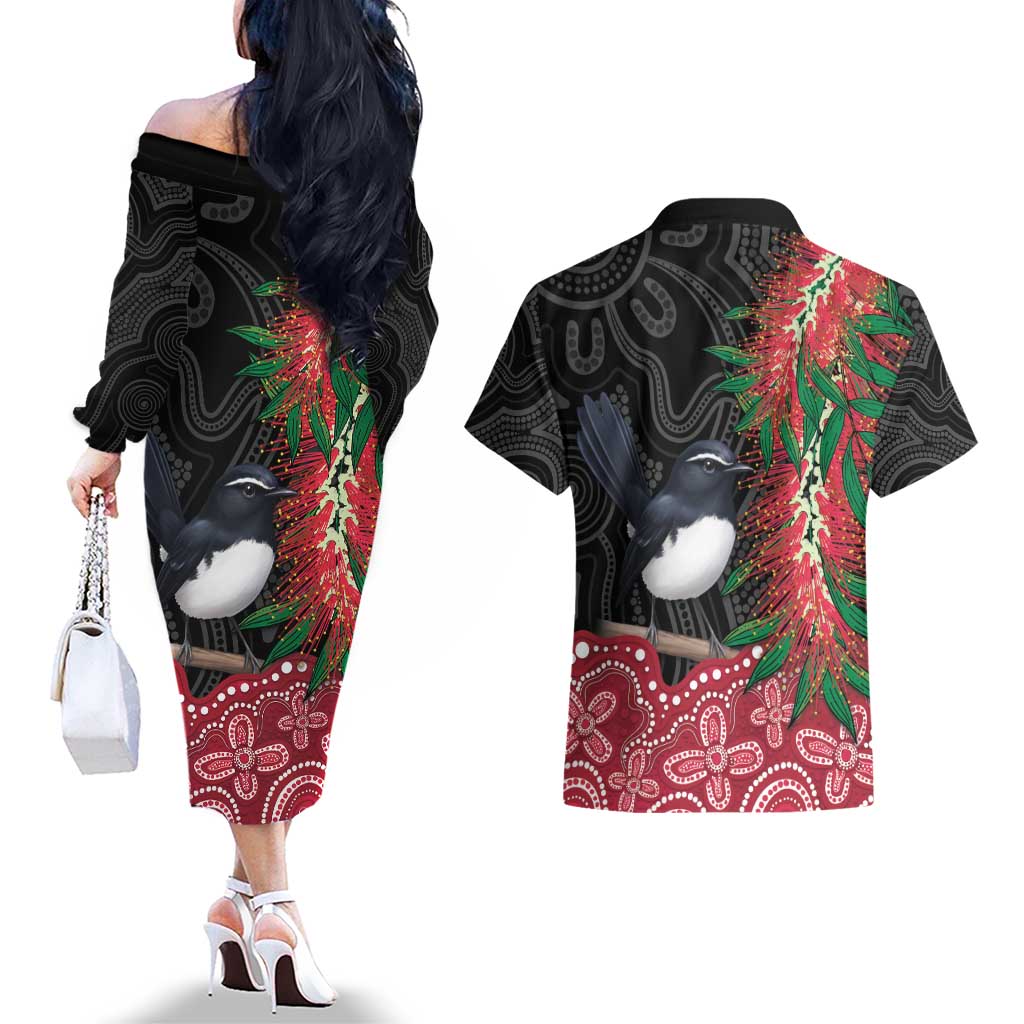Willie wagtail Australia Couples Matching Off The Shoulder Long Sleeve Dress and Hawaiian Shirt Aussie Bottlebrushes Aboriginal Art - Aussie Hoodie
