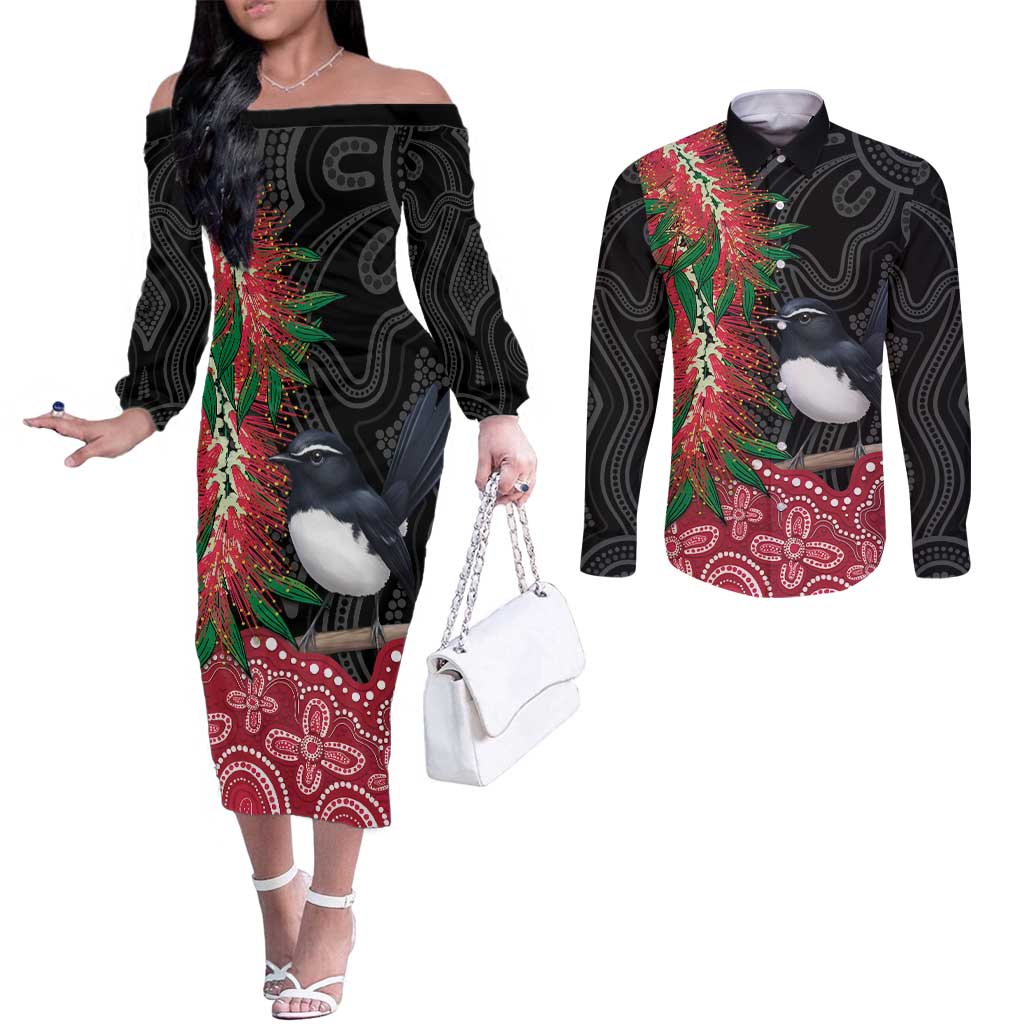 Willie wagtail Australia Couples Matching Off The Shoulder Long Sleeve Dress and Long Sleeve Button Shirt Aussie Bottlebrushes Aboriginal Art - Aussie Hoodie
