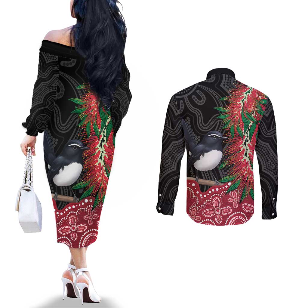 Willie wagtail Australia Couples Matching Off The Shoulder Long Sleeve Dress and Long Sleeve Button Shirt Aussie Bottlebrushes Aboriginal Art - Aussie Hoodie
