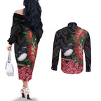 Willie wagtail Australia Couples Matching Off The Shoulder Long Sleeve Dress and Long Sleeve Button Shirt Aussie Bottlebrushes Aboriginal Art - Aussie Hoodie