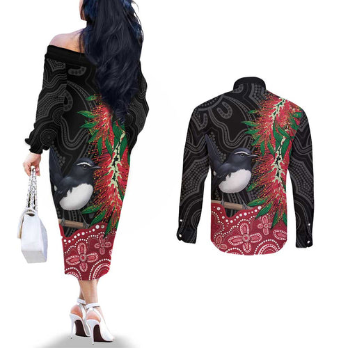 Willie wagtail Australia Couples Matching Off The Shoulder Long Sleeve Dress and Long Sleeve Button Shirt Aussie Bottlebrushes Aboriginal Art - Aussie Hoodie