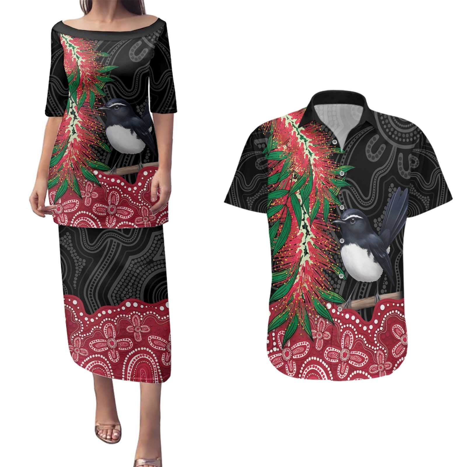 Willie wagtail Australia Couples Matching Puletasi and Hawaiian Shirt Aussie Bottlebrushes Aboriginal Art - Aussie Hoodie