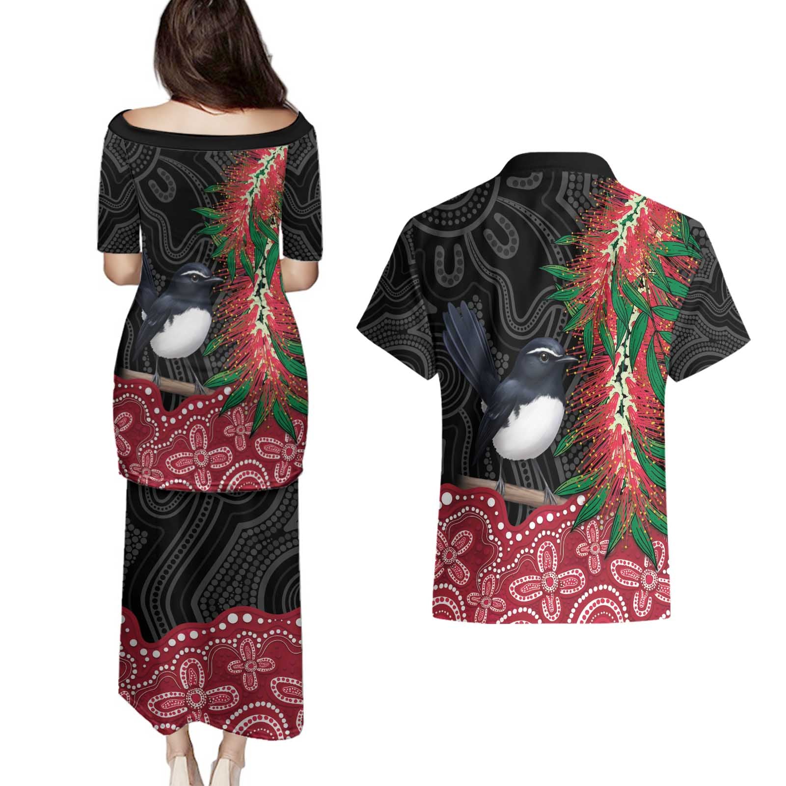 Willie wagtail Australia Couples Matching Puletasi and Hawaiian Shirt Aussie Bottlebrushes Aboriginal Art - Aussie Hoodie