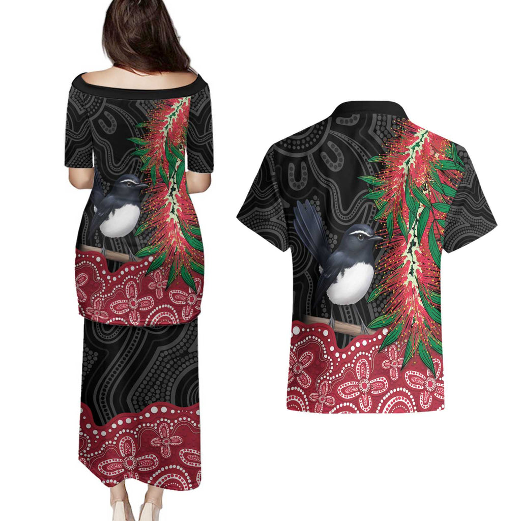 Willie wagtail Australia Couples Matching Puletasi and Hawaiian Shirt Aussie Bottlebrushes Aboriginal Art - Aussie Hoodie