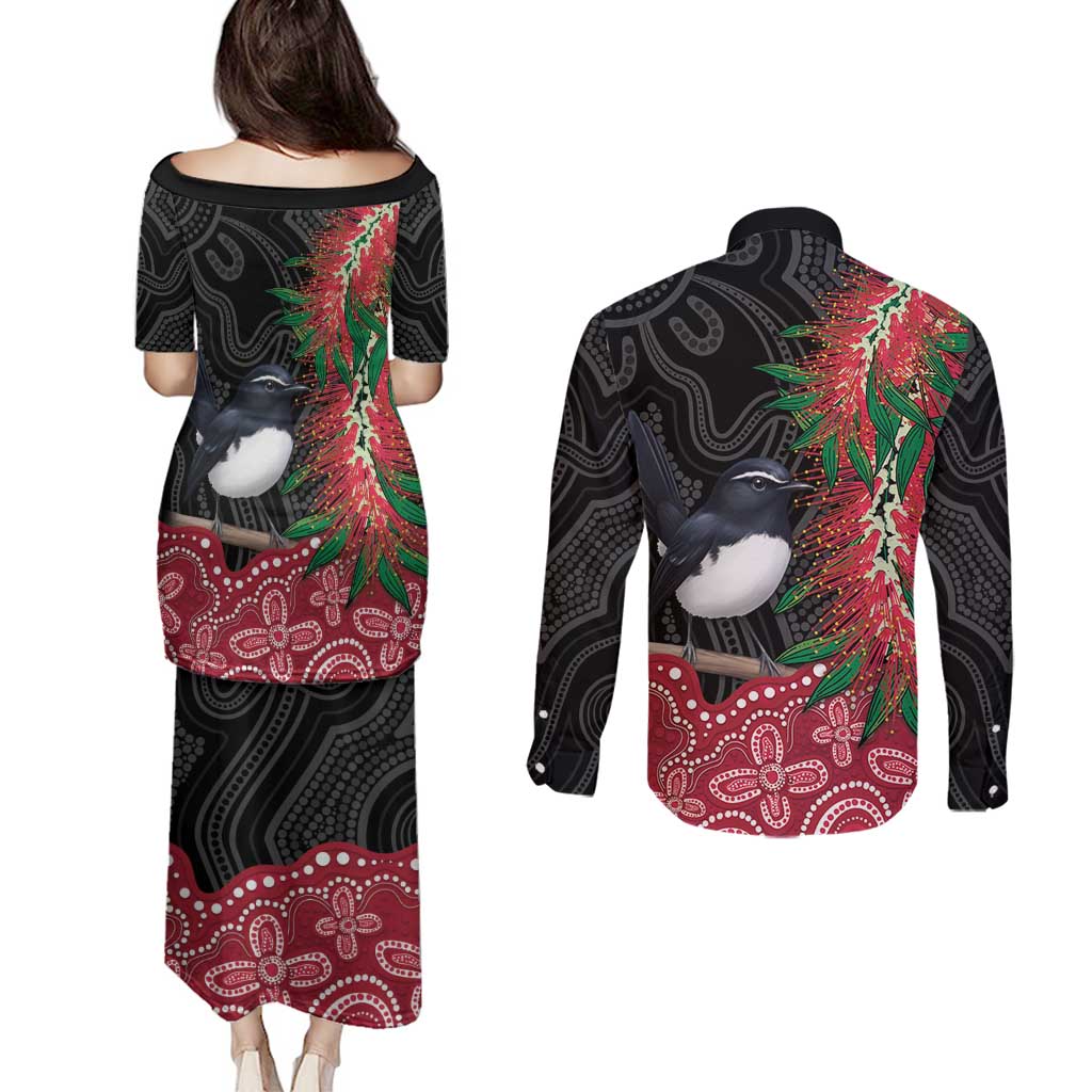 Willie wagtail Australia Couples Matching Puletasi and Long Sleeve Button Shirt Aussie Bottlebrushes Aboriginal Art - Aussie Hoodie