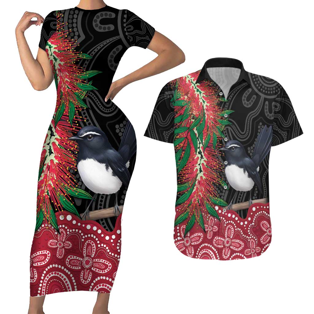 Willie wagtail Australia Couples Matching Short Sleeve Bodycon Dress and Hawaiian Shirt Aussie Bottlebrushes Aboriginal Art - Aussie Hoodie