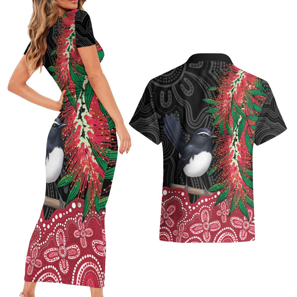 Willie wagtail Australia Couples Matching Short Sleeve Bodycon Dress and Hawaiian Shirt Aussie Bottlebrushes Aboriginal Art - Aussie Hoodie