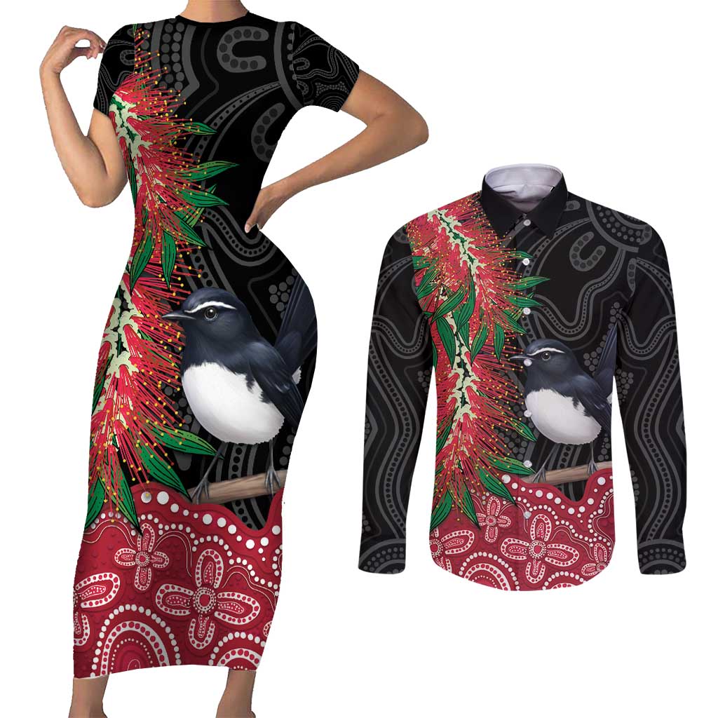 Willie wagtail Australia Couples Matching Short Sleeve Bodycon Dress and Long Sleeve Button Shirt Aussie Bottlebrushes Aboriginal Art - Aussie Hoodie