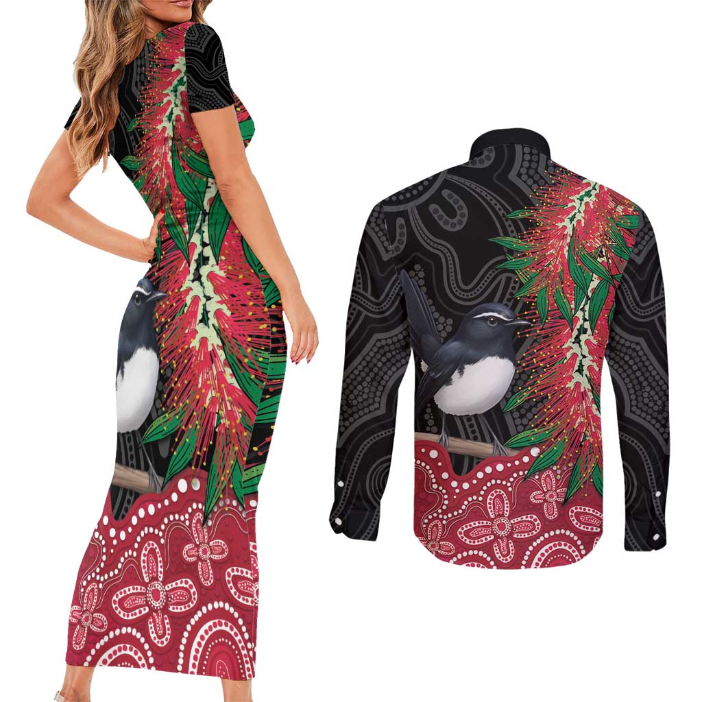Willie wagtail Australia Couples Matching Short Sleeve Bodycon Dress and Long Sleeve Button Shirt Aussie Bottlebrushes Aboriginal Art - Aussie Hoodie