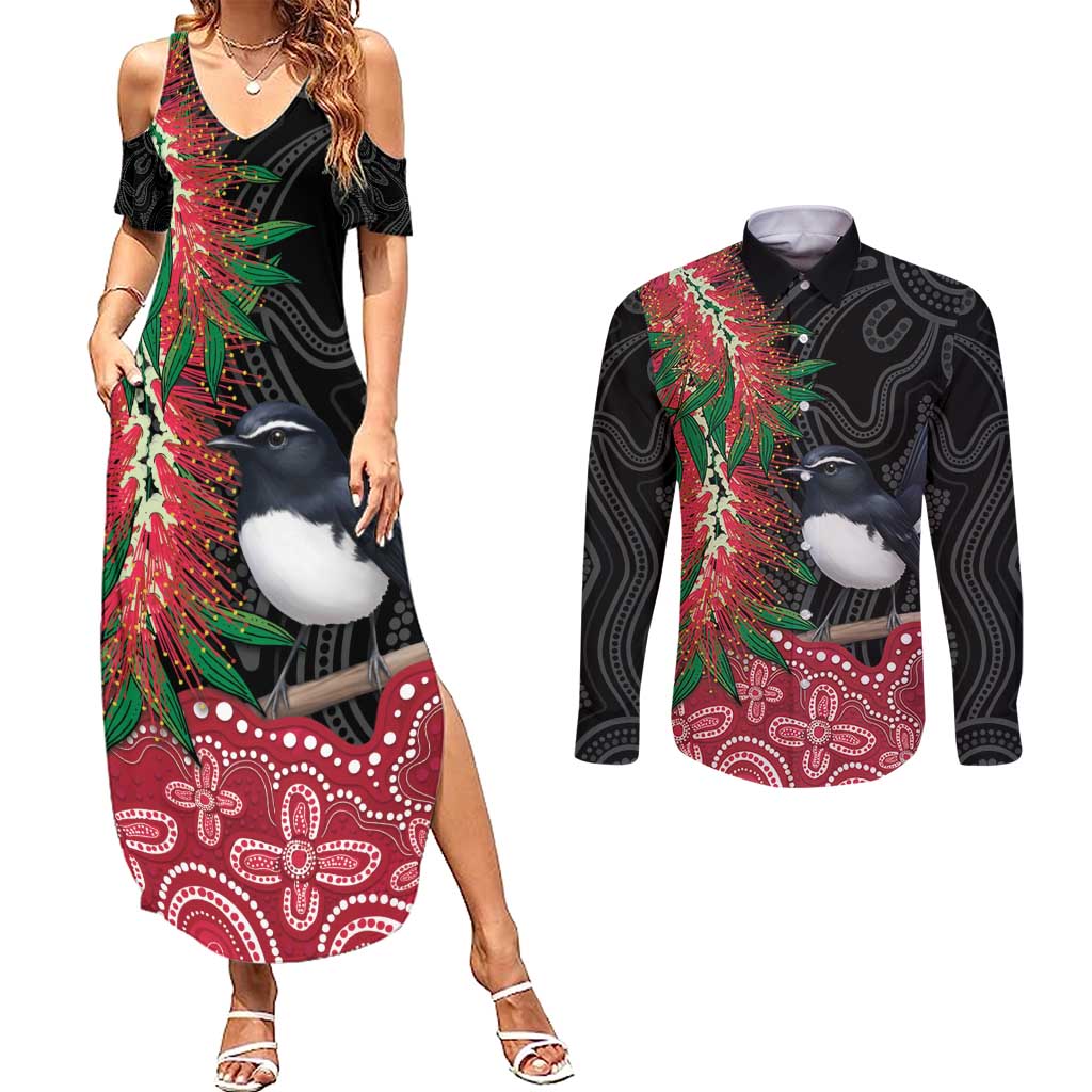Willie wagtail Australia Couples Matching Summer Maxi Dress and Long Sleeve Button Shirt Aussie Bottlebrushes Aboriginal Art - Aussie Hoodie