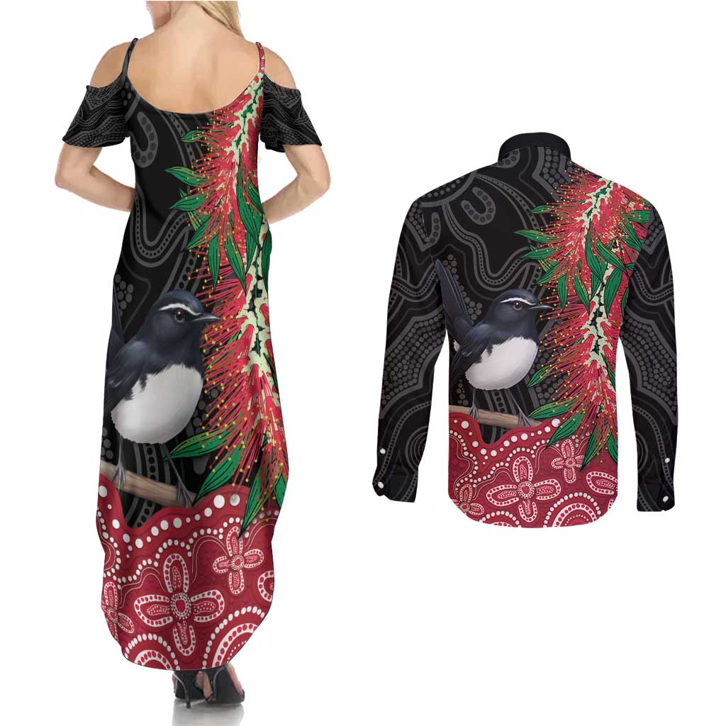 Willie wagtail Australia Couples Matching Summer Maxi Dress and Long Sleeve Button Shirt Aussie Bottlebrushes Aboriginal Art - Aussie Hoodie