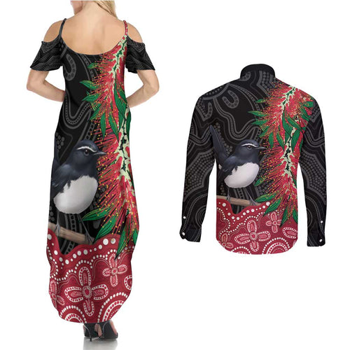 Willie wagtail Australia Couples Matching Summer Maxi Dress and Long Sleeve Button Shirt Aussie Bottlebrushes Aboriginal Art - Aussie Hoodie