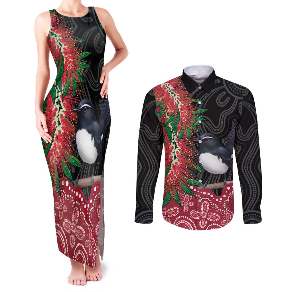 Willie wagtail Australia Couples Matching Tank Maxi Dress and Long Sleeve Button Shirt Aussie Bottlebrushes Aboriginal Art - Aussie Hoodie